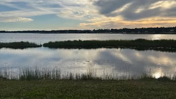 Un llac tranquil amb vores d'herba i una riba llunyana.