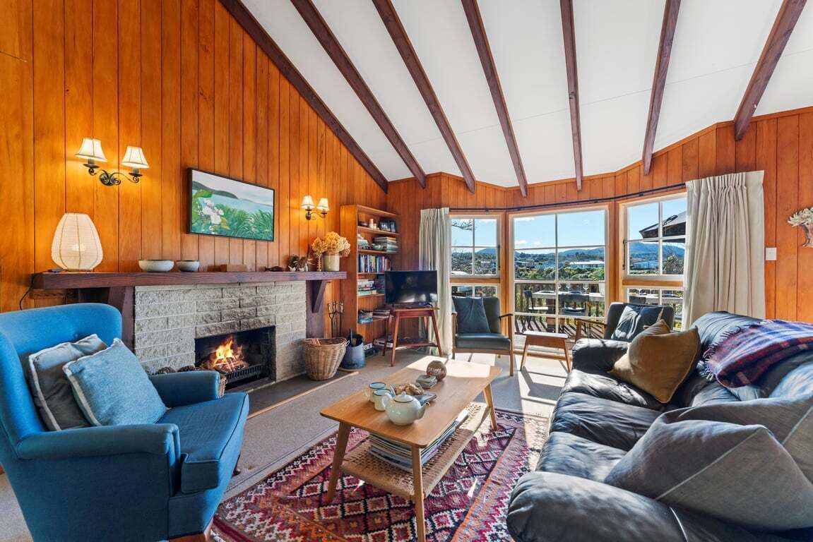 TV, fireplace, books