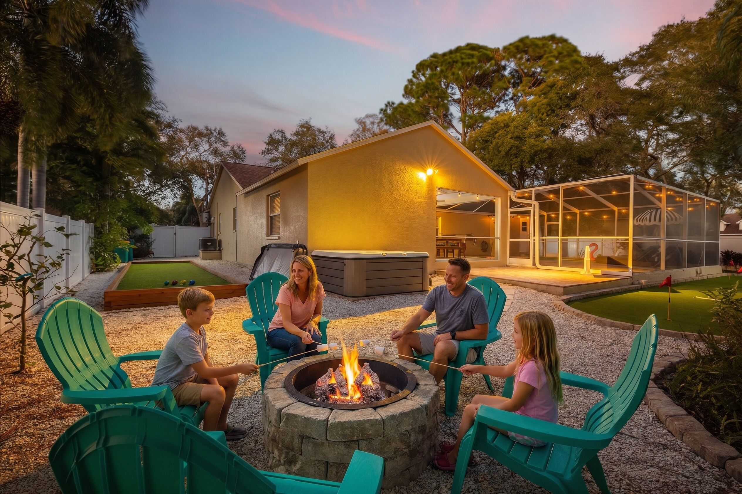 A group of people sitting around a fire pit in a backyard with a house and a covered outdoor area in the background.