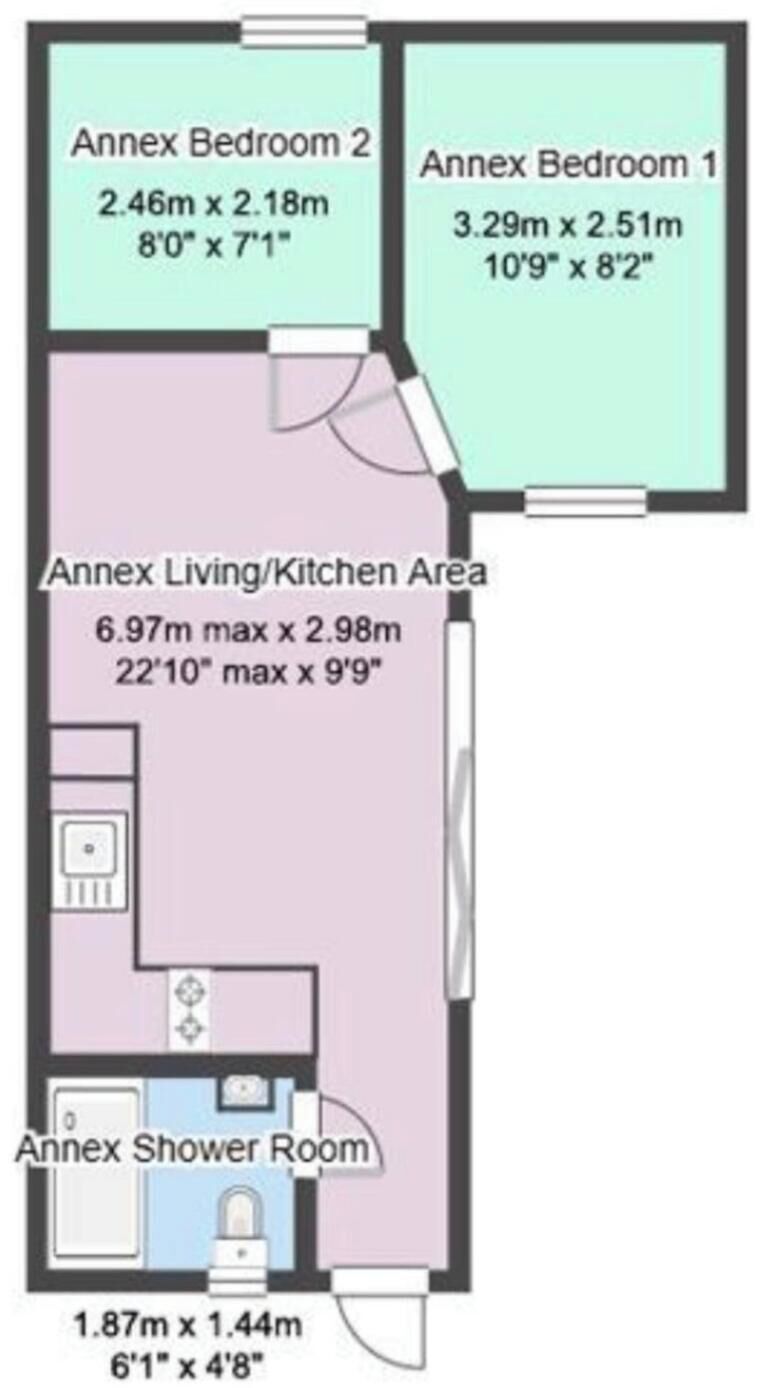 A floor plan with two bedrooms, a living/kitchen area, and a shower room.