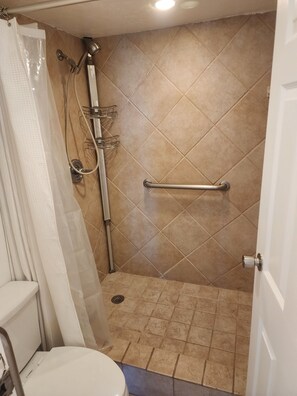 Een douche, een haardroger, handdoeken, zeep