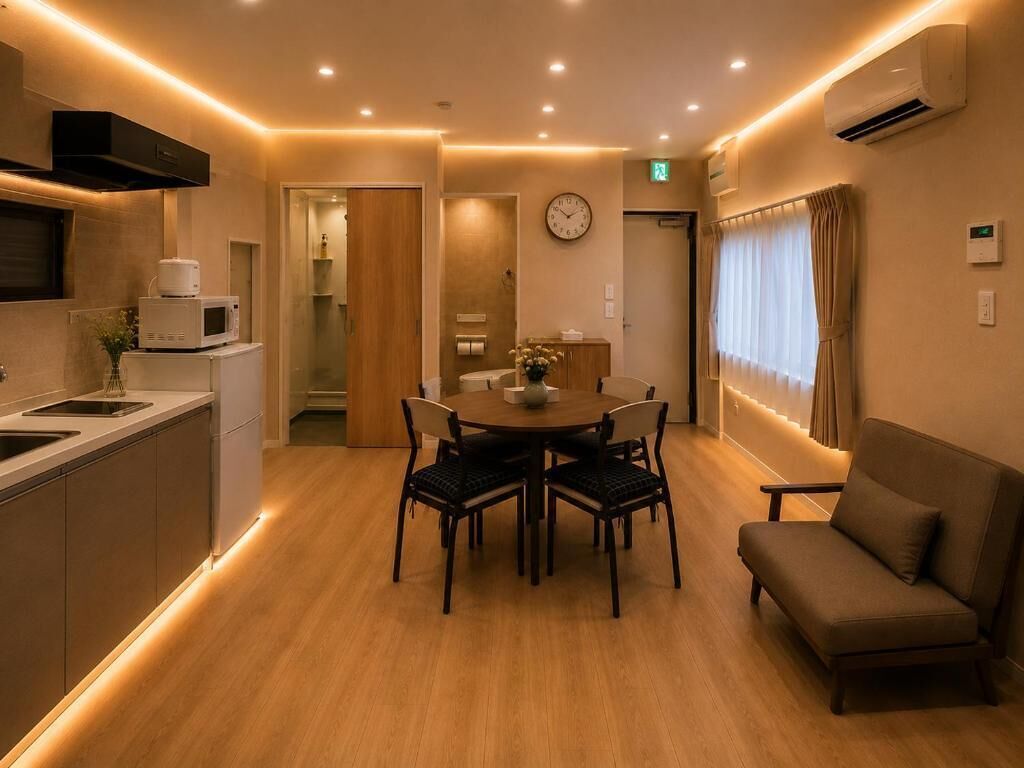 A modern kitchen with a microwave, sink, and dining area with chairs and a table.