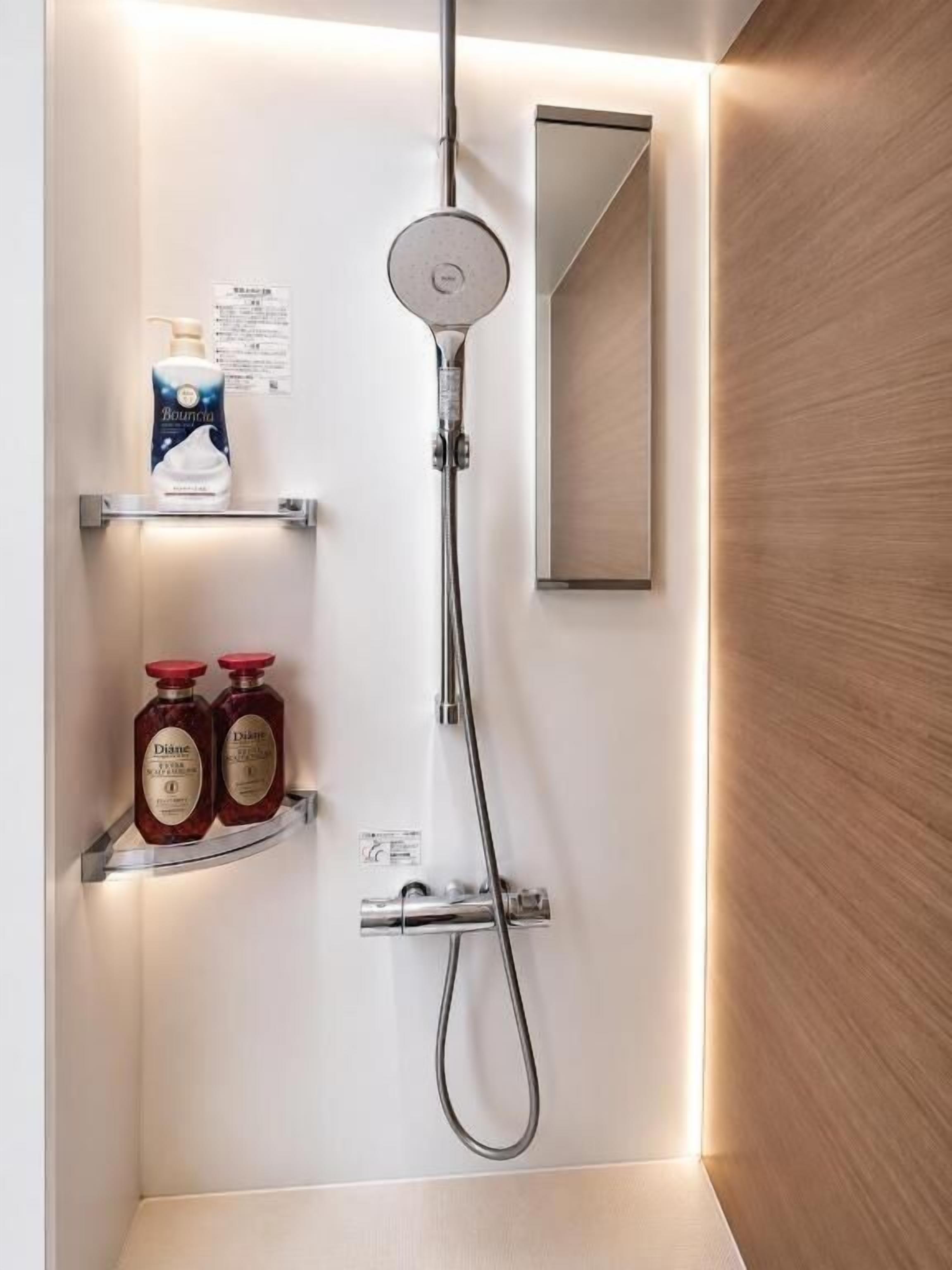 Una ducha con cabezal de ducha de mano, un espejo instalado en la pared y dos estantes con artículos de aseo.
