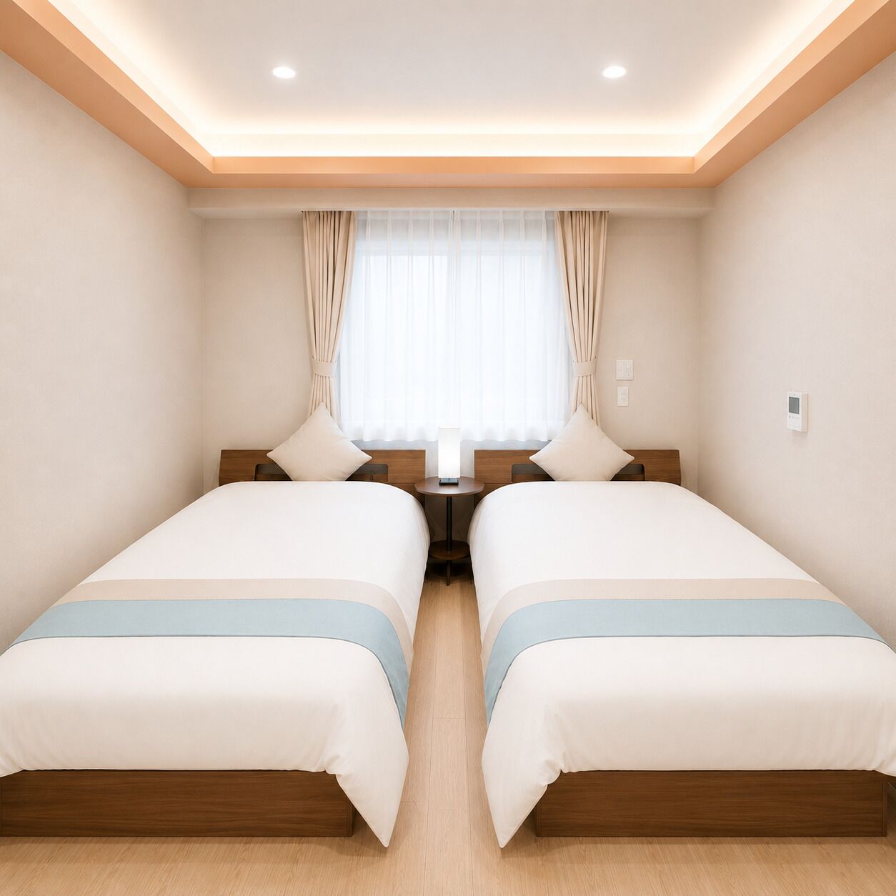 A hotel room with two beds, a small table, a window with curtains, and a ceiling light.