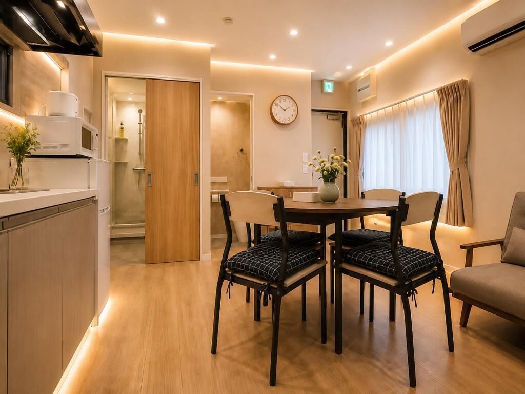 Una habitación de hotel moderna con comedor, una puerta de madera, un reloj y un jarrón con flores.