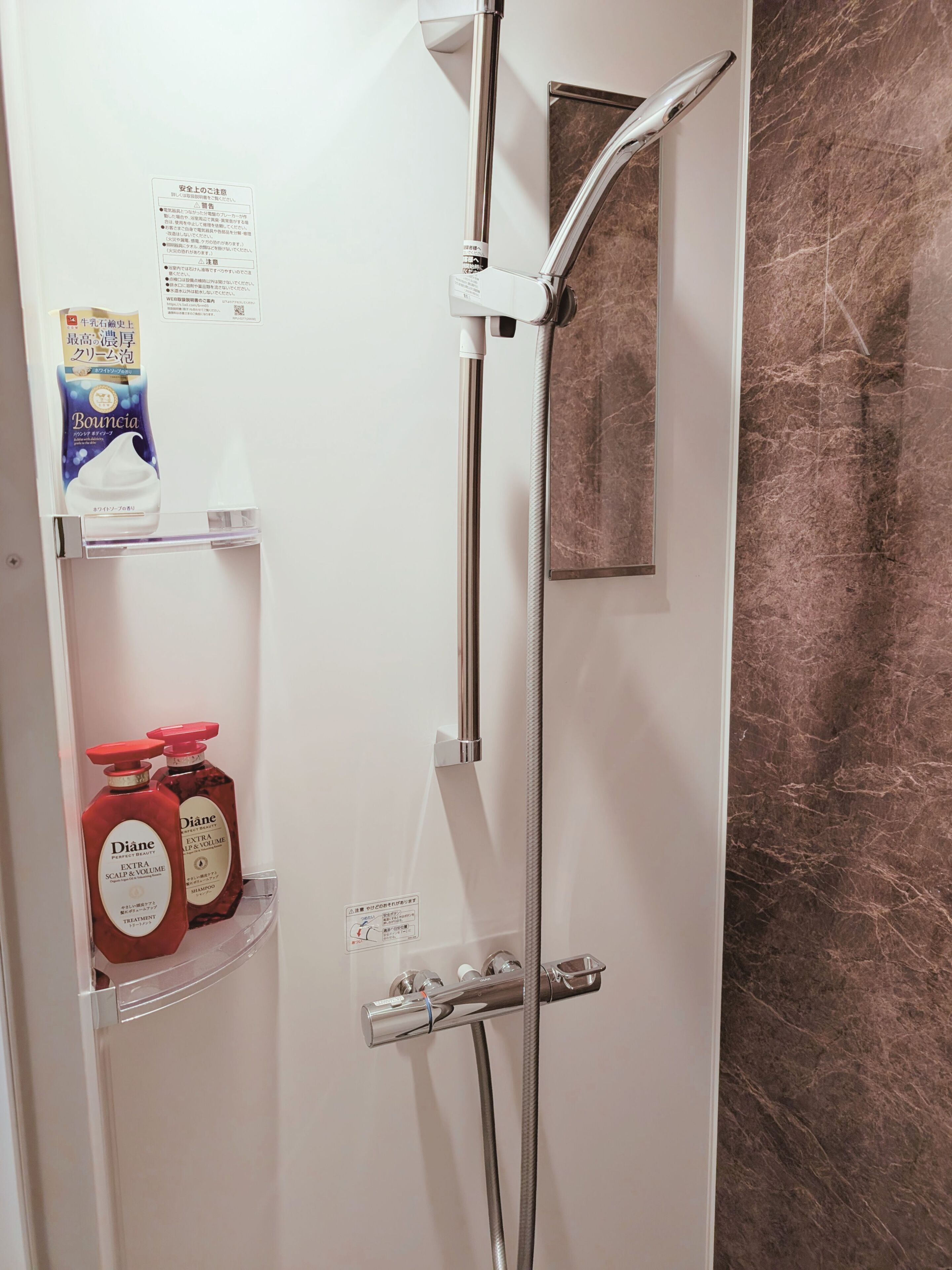 A bathroom with a shower, a bottle of shampoo, and a bottle of conditioner on a shelf.