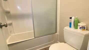 Hair dryer, towels, soap, toilet paper
