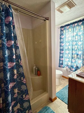 Douche, sèche-cheveux, serviettes fournies, savon