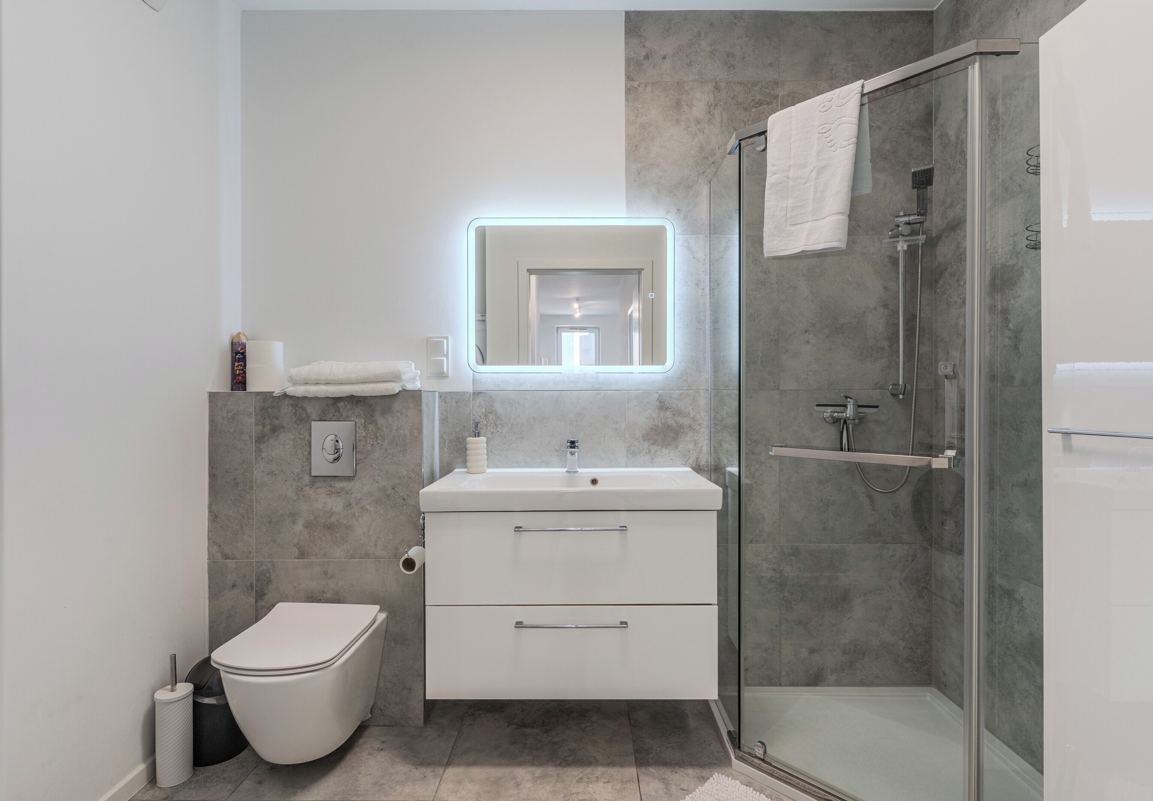 Shower, hair dryer, towels