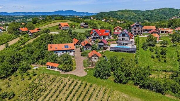 A rural village with houses, a vineyard, and a large building with a red roof. - Grandpa's House With Pool, Gornja Stubica, Croatia (Gornja Stubica)