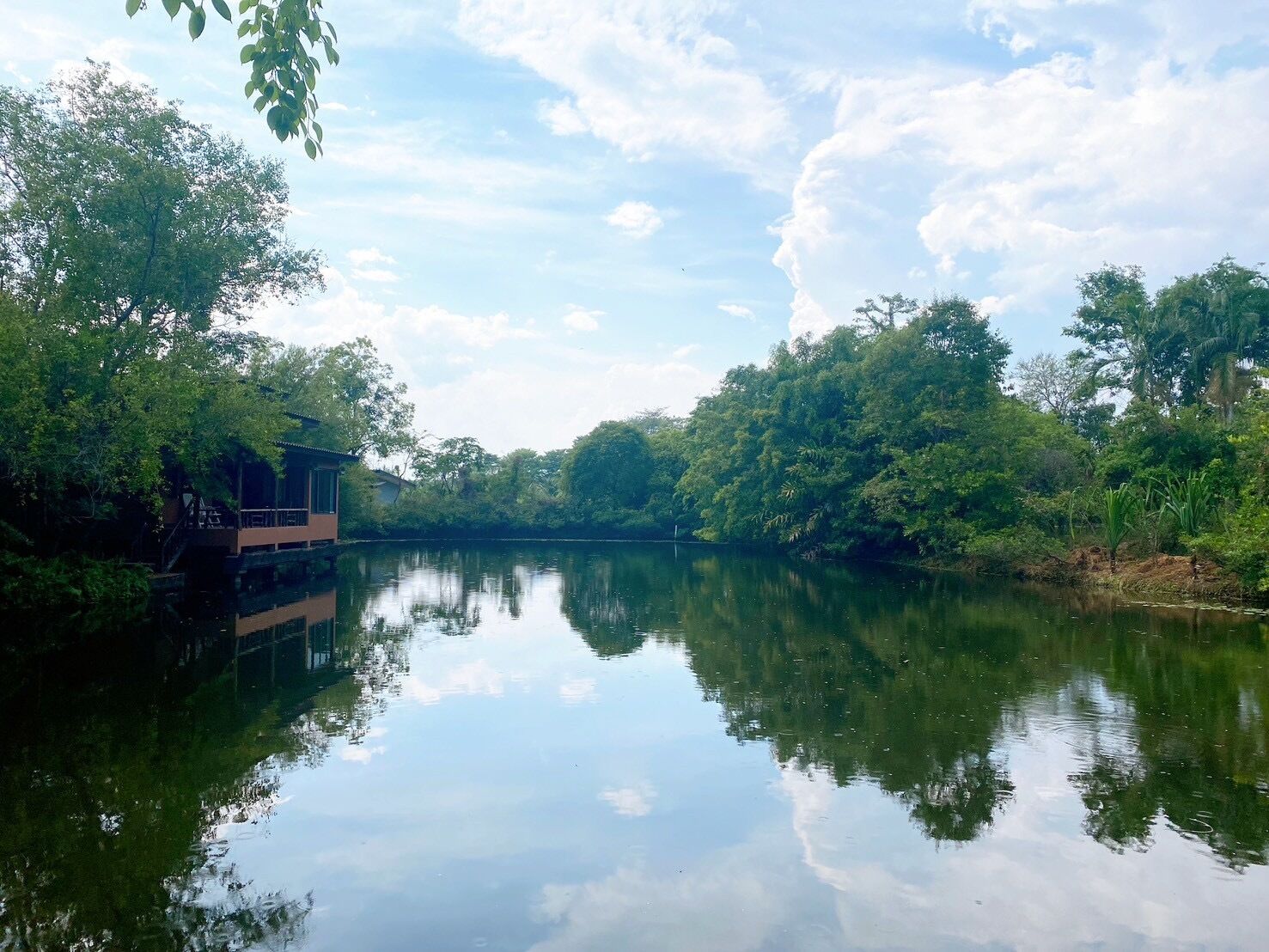 Un río tranquilo con reflejos de árboles y un edificio sobre el agua.