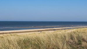 A beach with people walking along the shore and a grassy foreground. - Pet friendly home in Uitgeest with WiFi (Uitgeest)