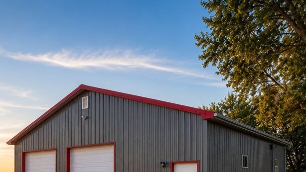 A large industrial building with two garage doors and a red roof.