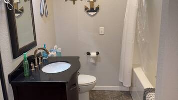 Hair dryer, towels, toilet paper