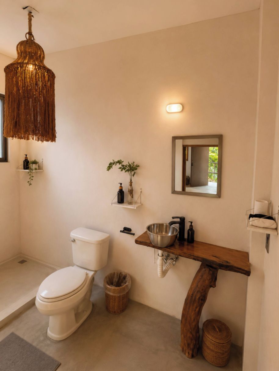 Un baño con inodoro, lavabo y lámpara colgante.