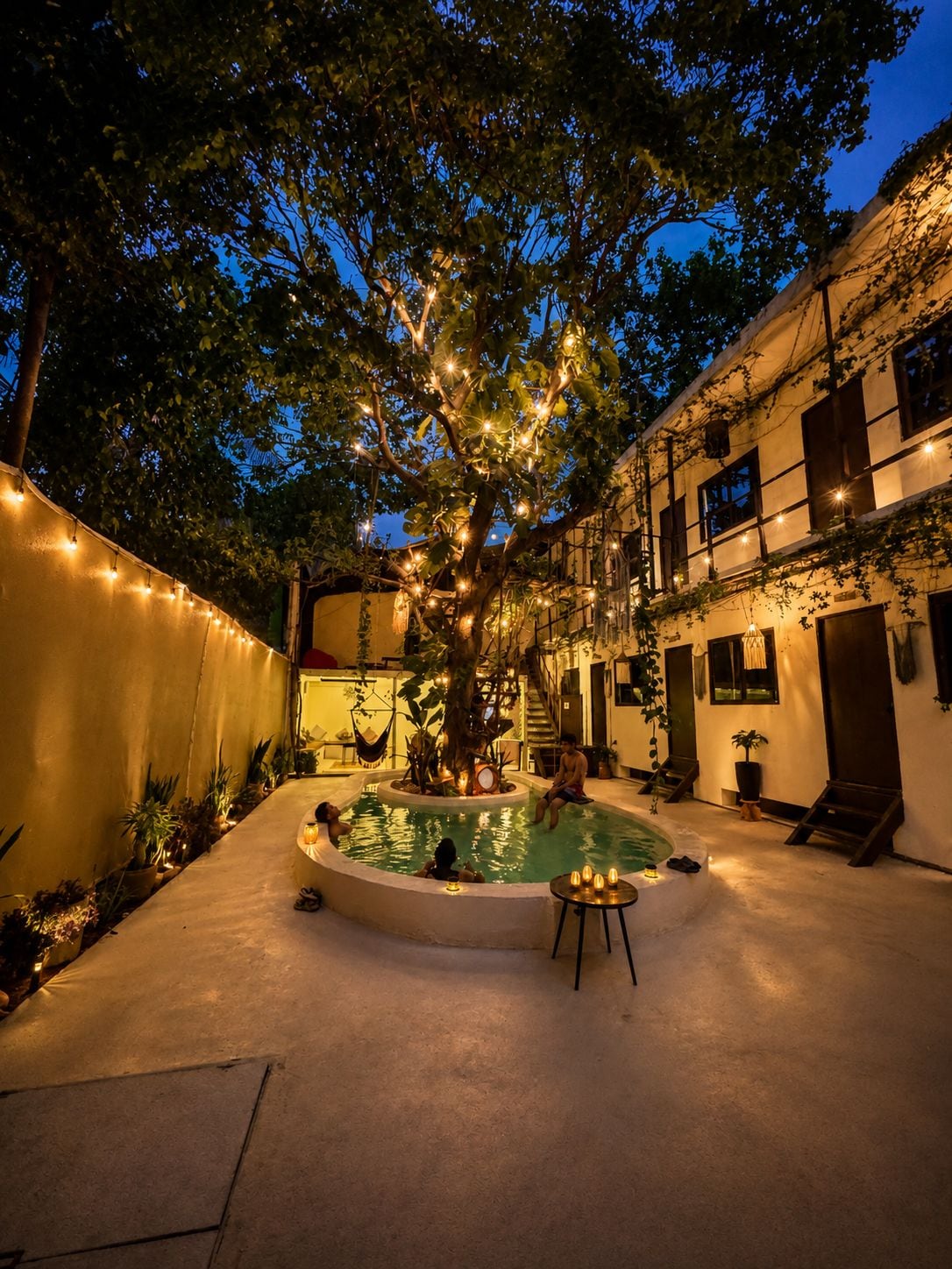 A courtyard with a swimming pool, surrounded by plants and string lights.