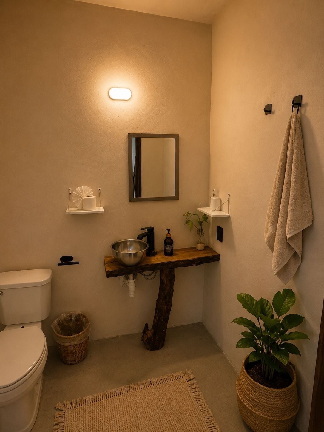 Un baño con tocador de madera, espejo, toallero, planta en maceta y un inodoro.