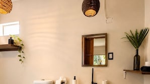 A bathroom with a toilet, sink, mirror, hanging light fixture, and a plant. - Casa Ceiba  (Puerto Escondido)
