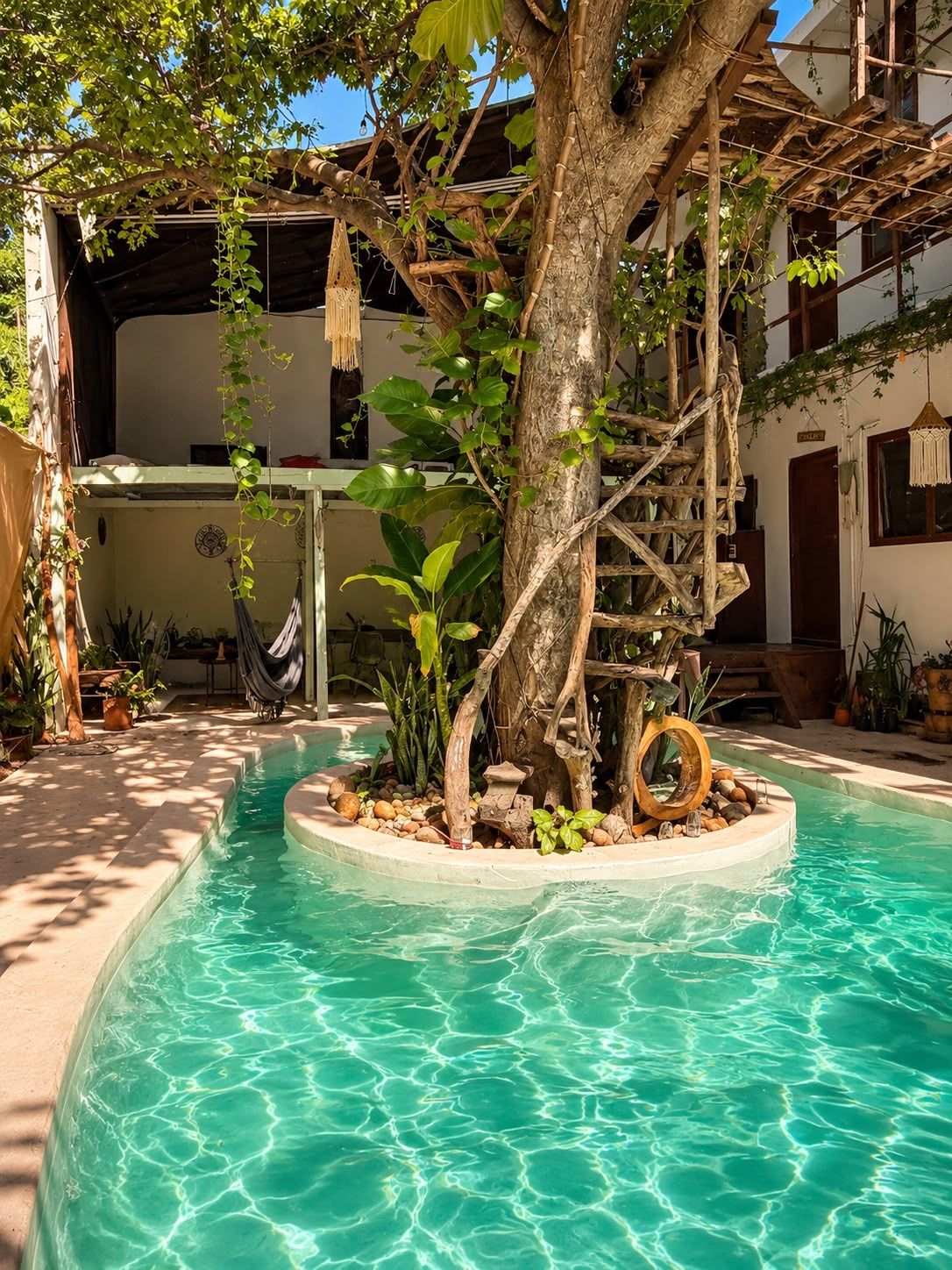 Piscina con un árbol y una estructura de madera, rodeada de plantas en macetas y un edificio con balcón.