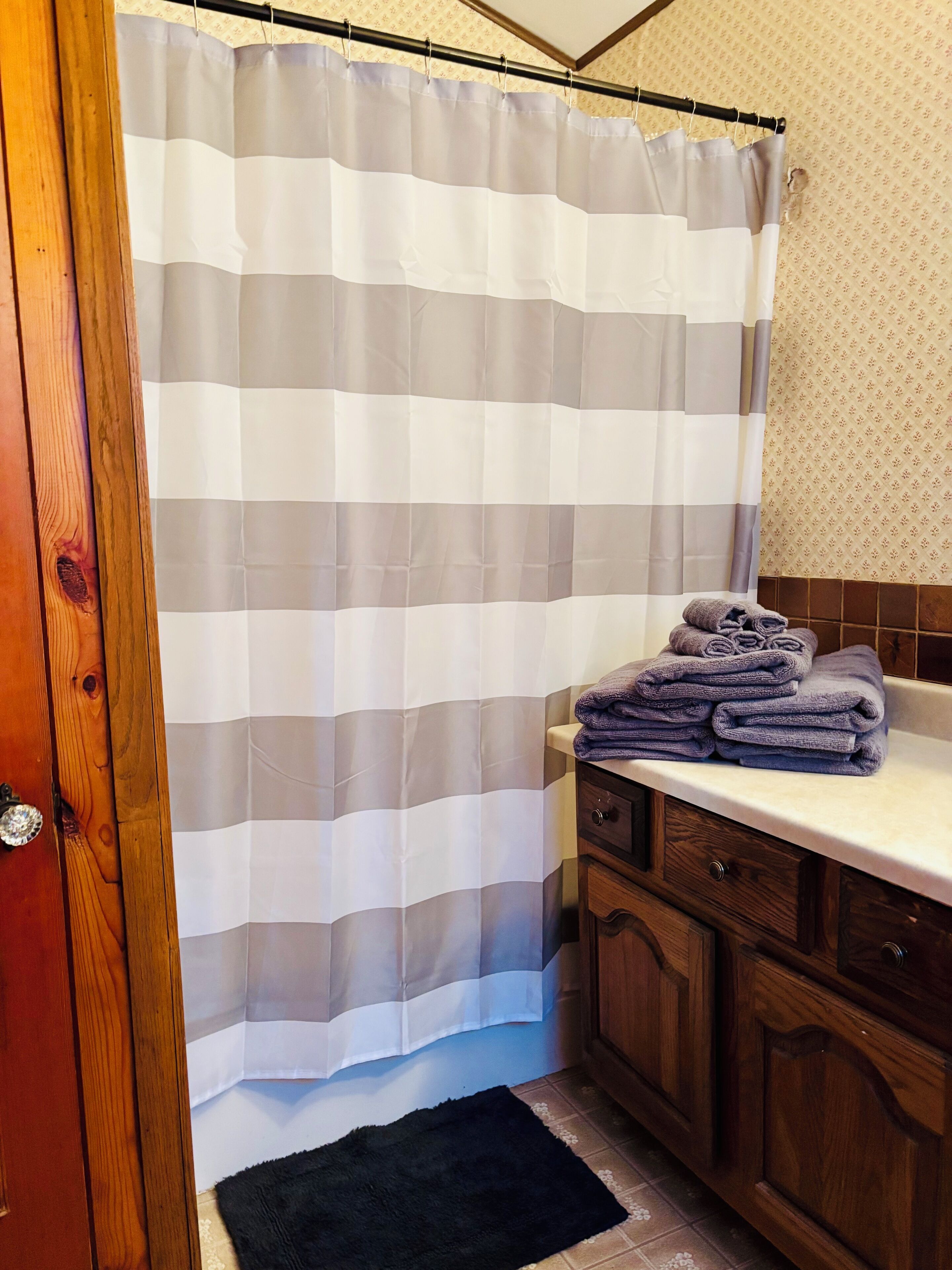 Shower, towels, soap, toilet paper