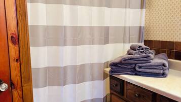 Shower, towels, soap, toilet paper