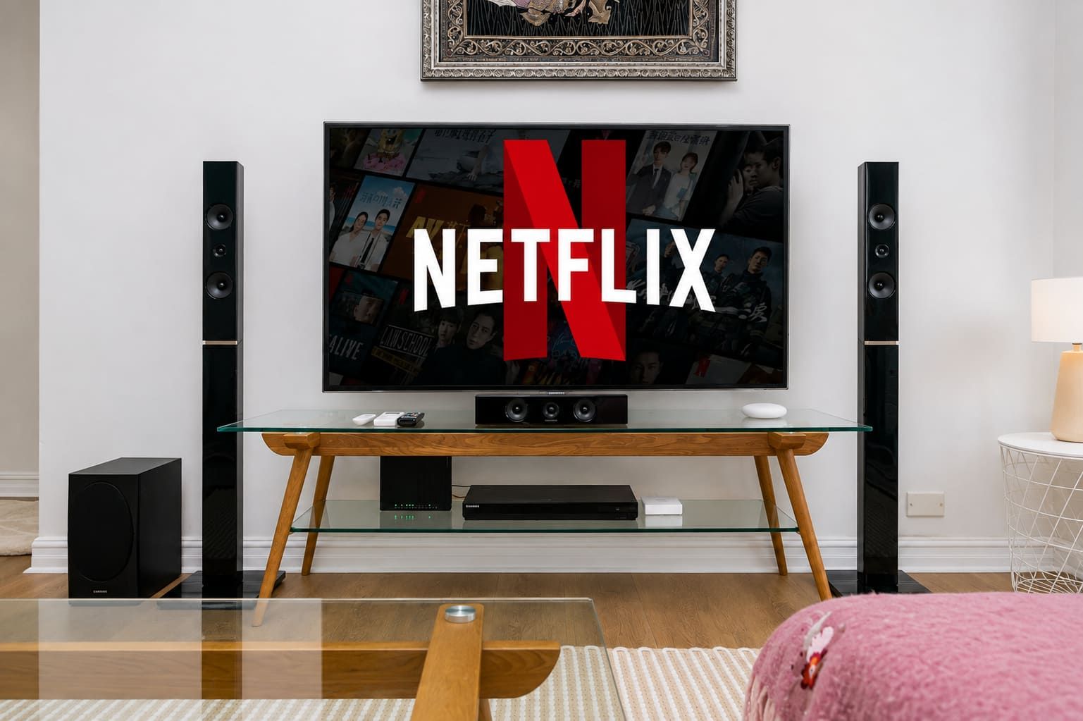 Entertainment setup with a large smart TV for streaming, flanked by tall speakers for an immersive sound experience. Set on a wooden stand with framed art above, it makes for cozy nights in. 