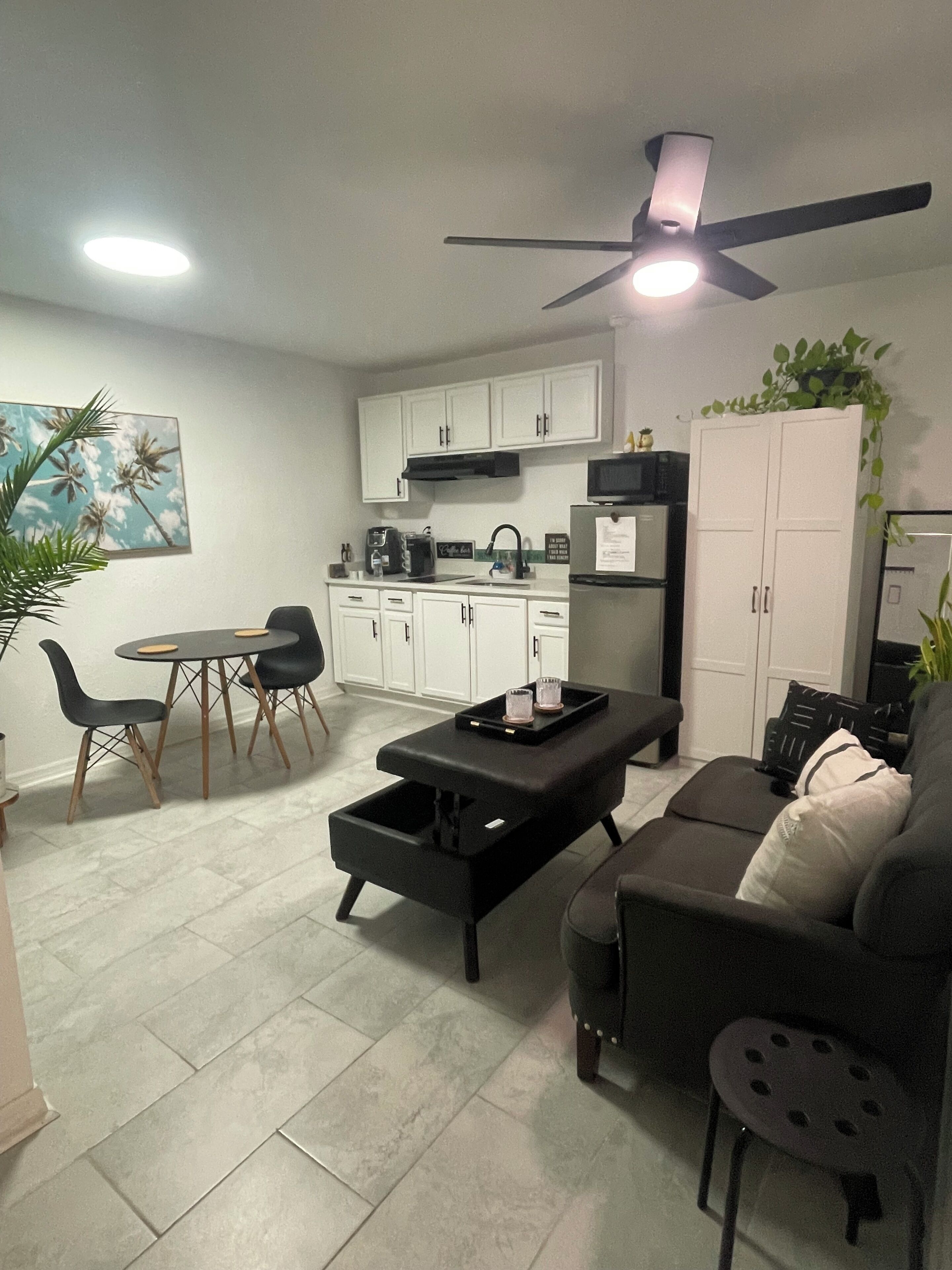 A compact living space with a kitchenette, dining area, and seating area.