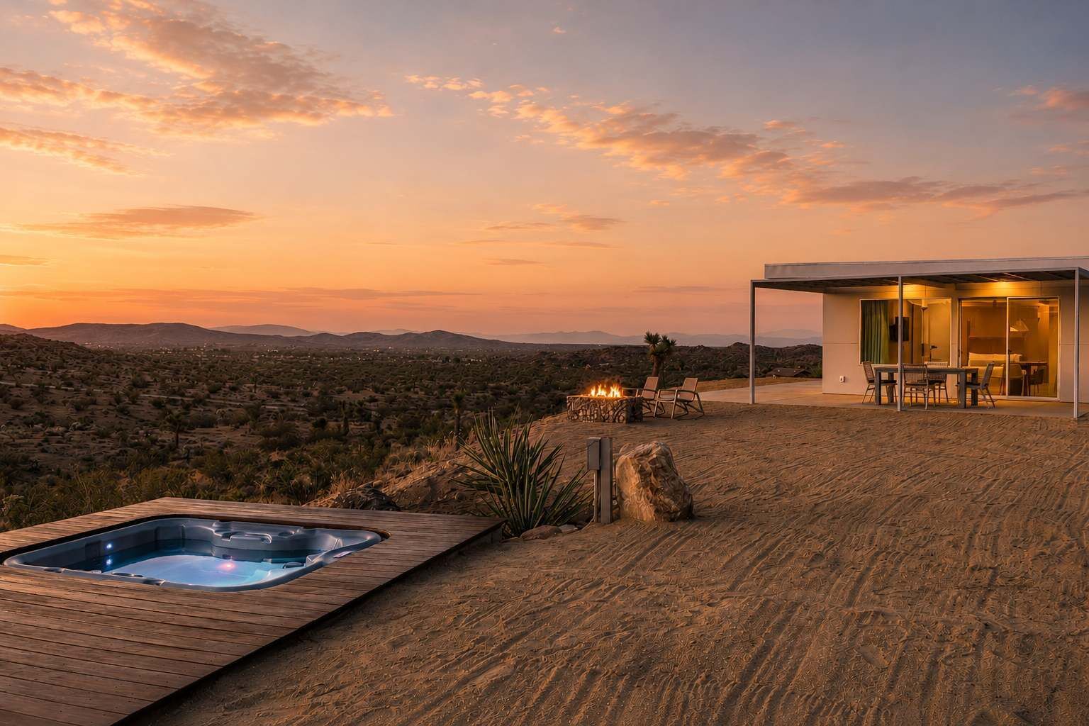 A desert landscape with a wooden deck, a hot tub, a fire pit, and a modern building with glass doors.