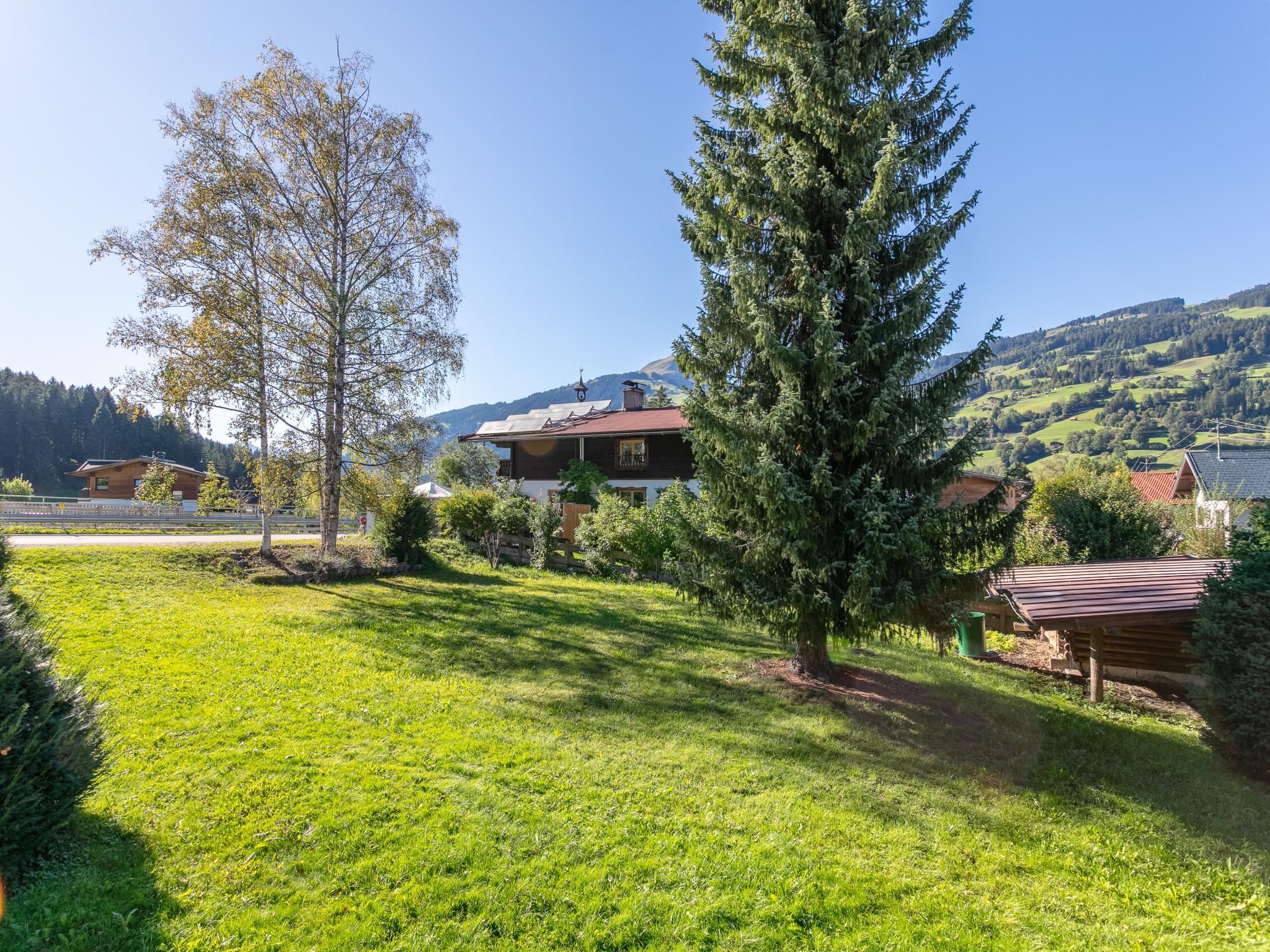 A residential area with a house surrounded by a well-maintained lawn, a large evergreen tree, and a view of rolling hills in the background.