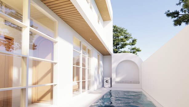 Ein modernes Gebäude mit großen Fenstern, einem Pool und einer Holzbalkendecke.