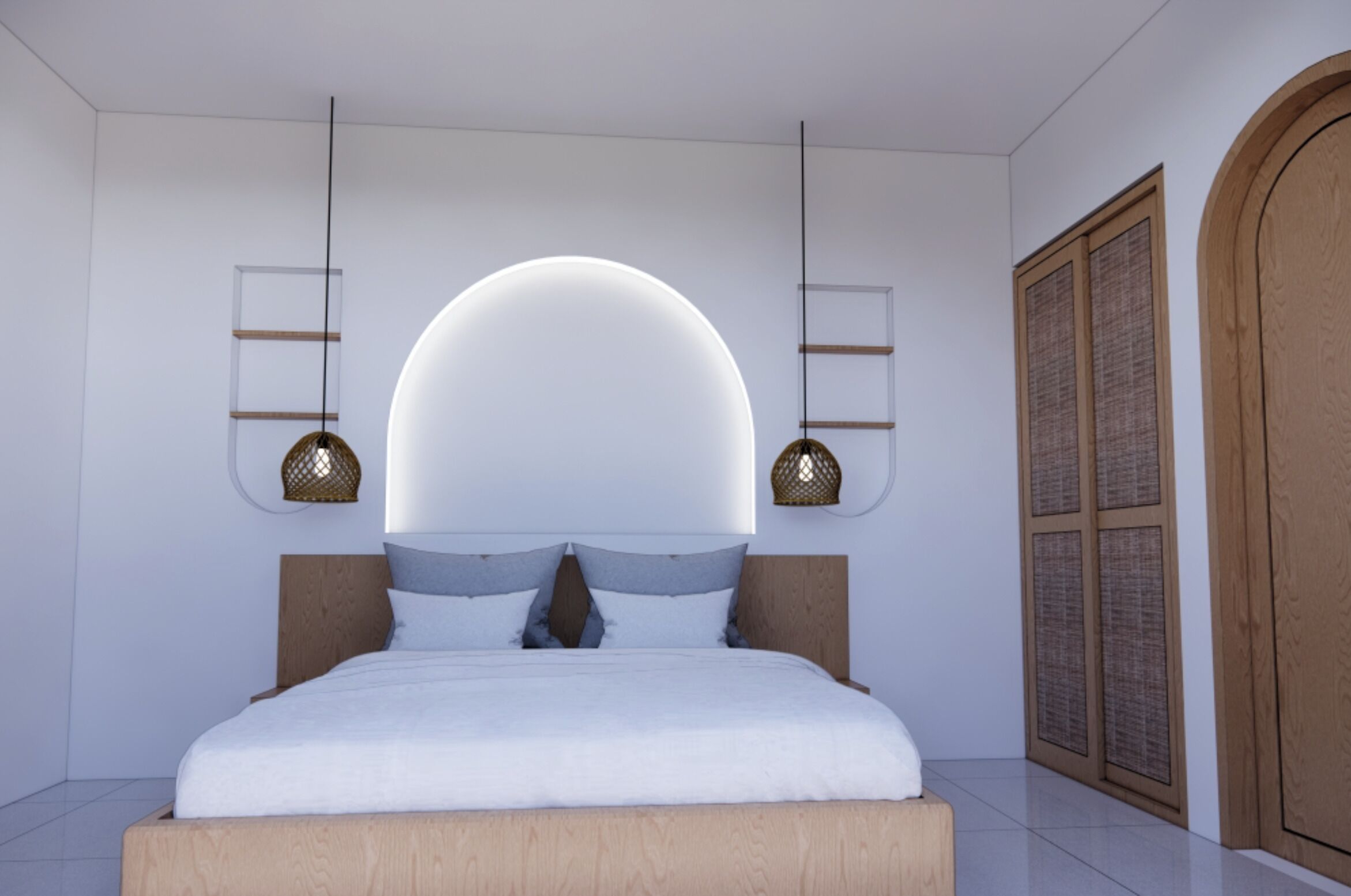 A modern bedroom with a large bed, a wooden headboard, a circular light fixture above the bed, and a traditional wooden door.