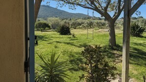 A view through a doorway of a grassy outdoor area with trees and a mountain in the background. - Large family home in the middle of an olive grove (Le Pradet)