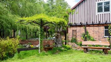 Ein Garten mit einer Holzbank, einer Statue und einer Pergola.