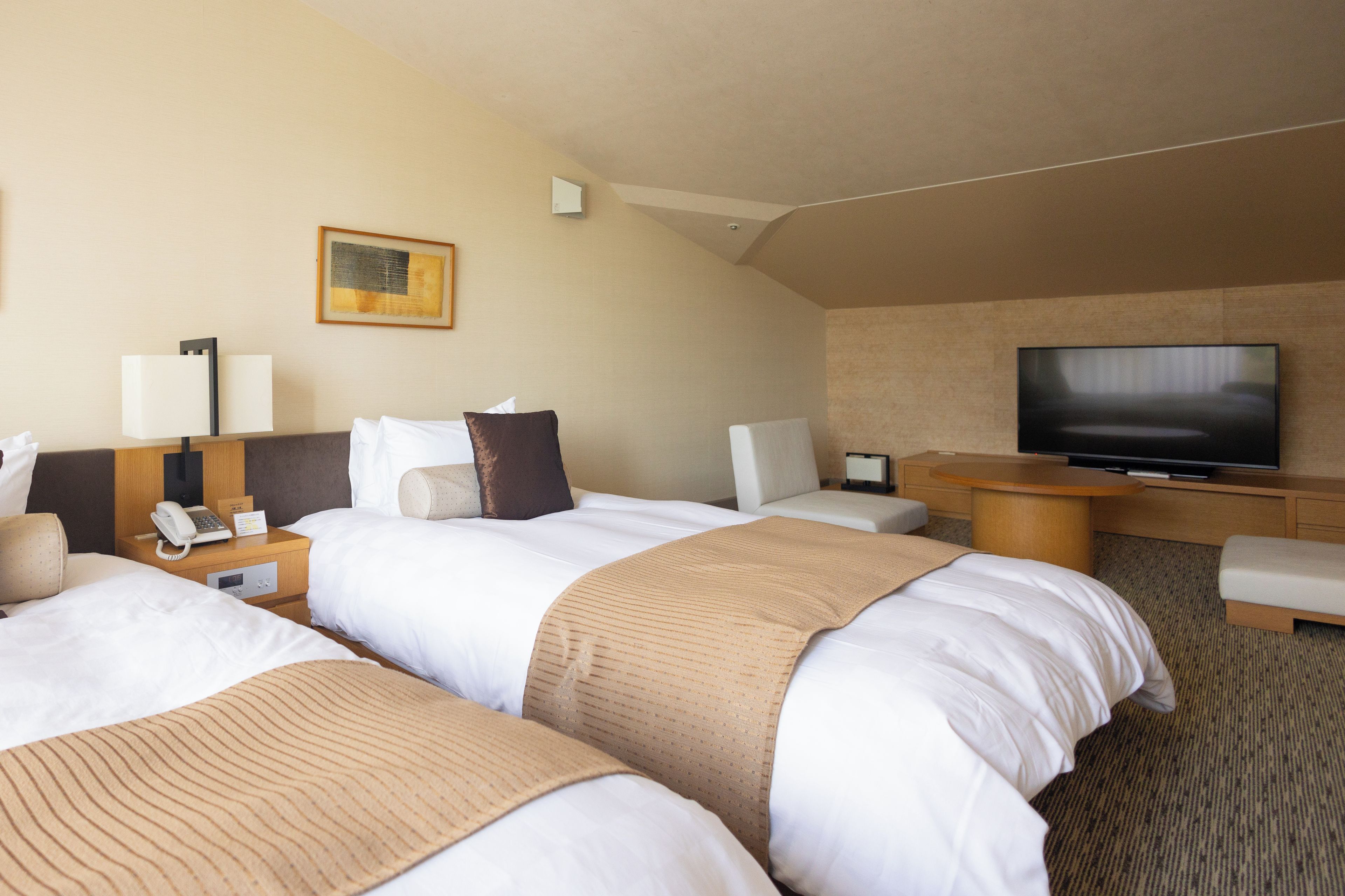 Una habitación de hotel con dos camas, televisión, escritorio y teléfono.