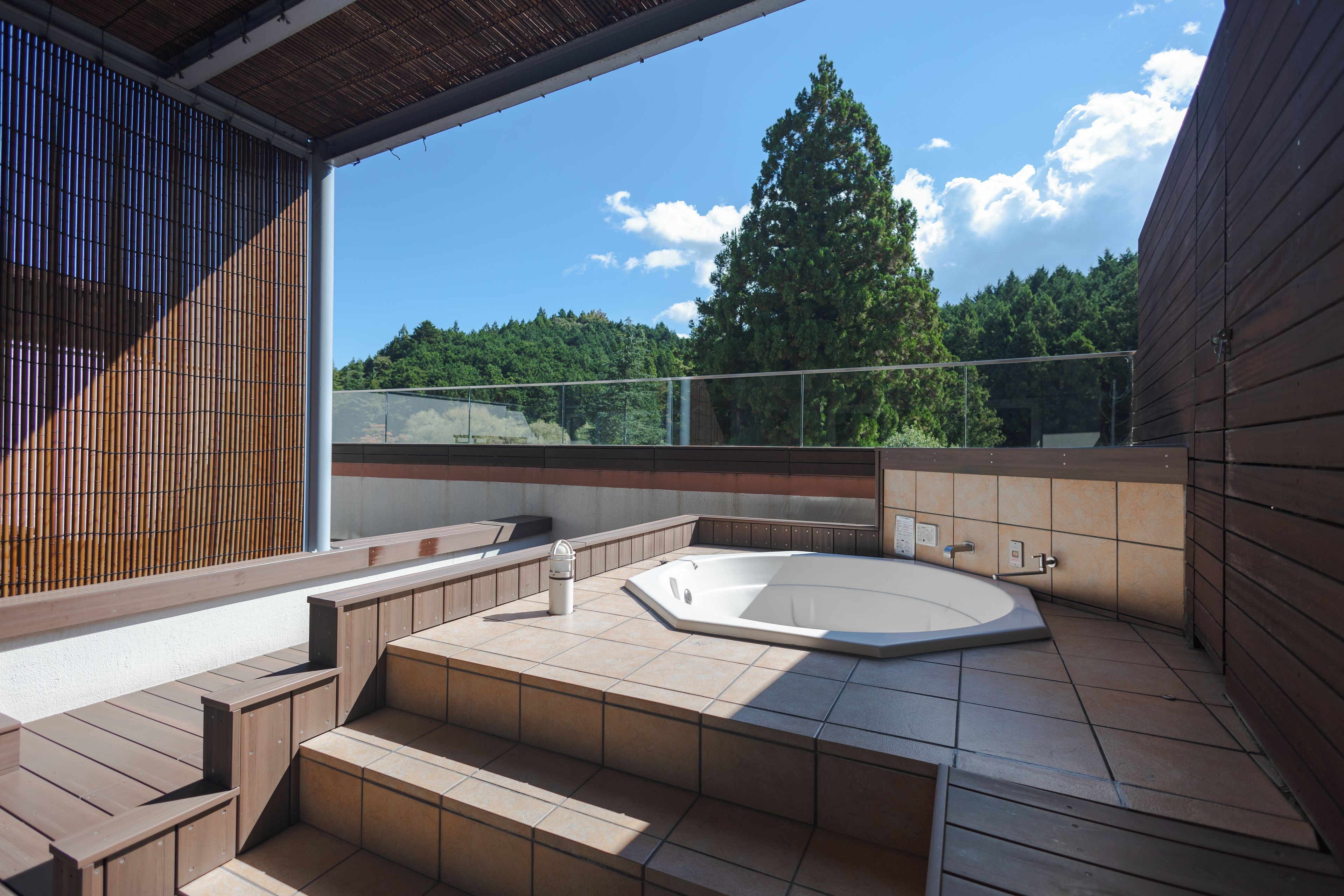 A modern outdoor hot tub area with a wooden deck and steps leading to the tub, surrounded by a glass balustrade and a view of trees.