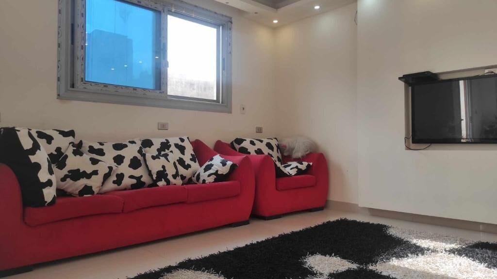 Un salón con dos sofás rojos, un tapete blanco y negro estampado y una ventana con vistas a edificios.