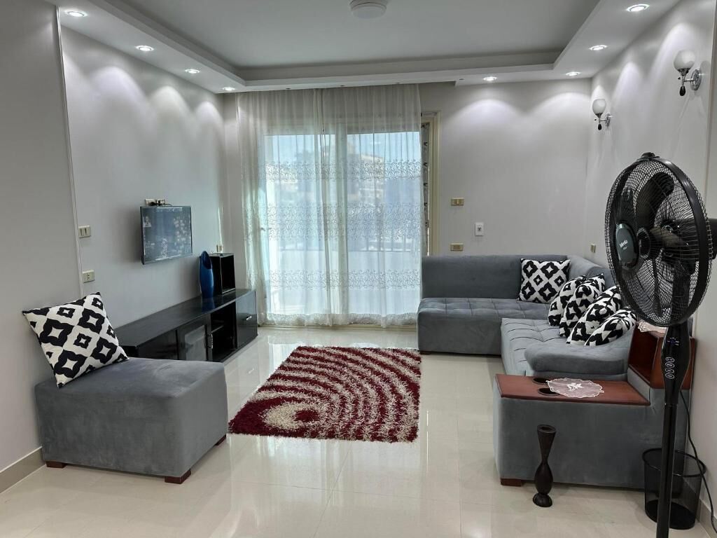 A modern living room with a grey sofa, ottoman, and a red and white patterned rug.