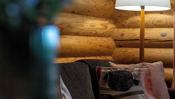 A wooden cabin interior with a lamp, a couch, and a blurred plant in the foreground. - Varpunen - Peaceful 2BR Cabin in Ruka (Kuusamo)