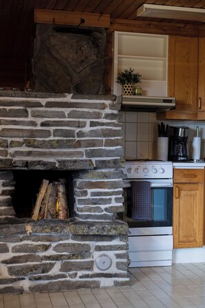 Comfort Cabin, 2 Bedrooms, Beachfront | Private kitchen | Coffee/tea maker, full-sized fridge, microwave, oven