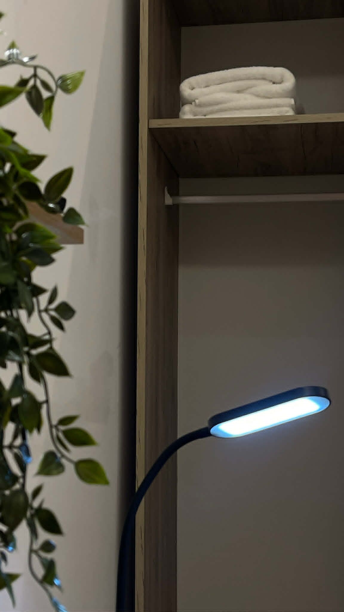 Una estantería de madera con toallas dobladas, una planta colgante y una lámpara de escritorio.