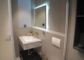 Hair dryer, towels, soap, shampoo