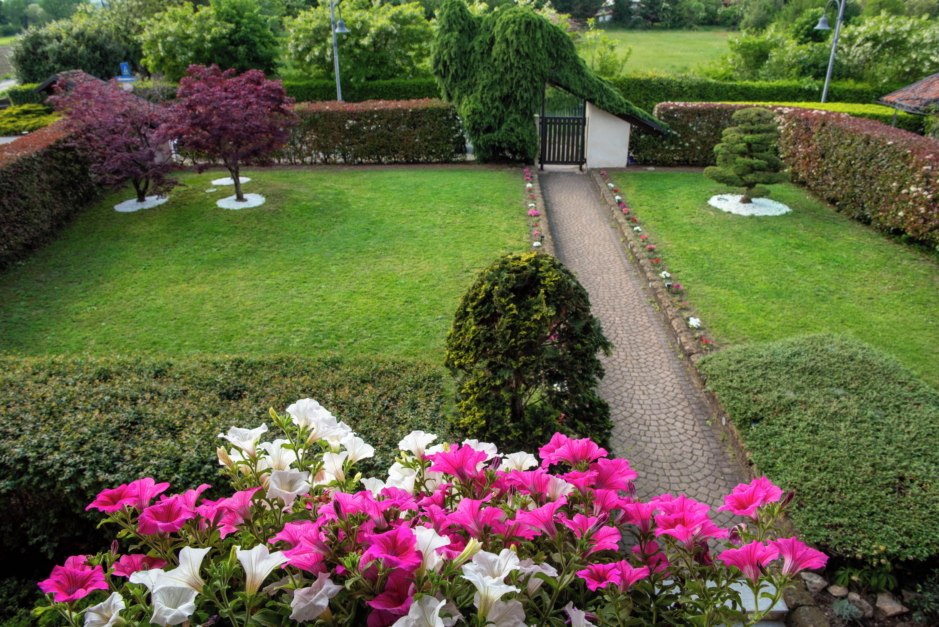 Ein gepflegter Garten mit einem gepflasterten Weg, der zu einem kleinen Gebäude führt, umgeben von ordentlich geschnittenen Hecken und blühenden Pflanzen.