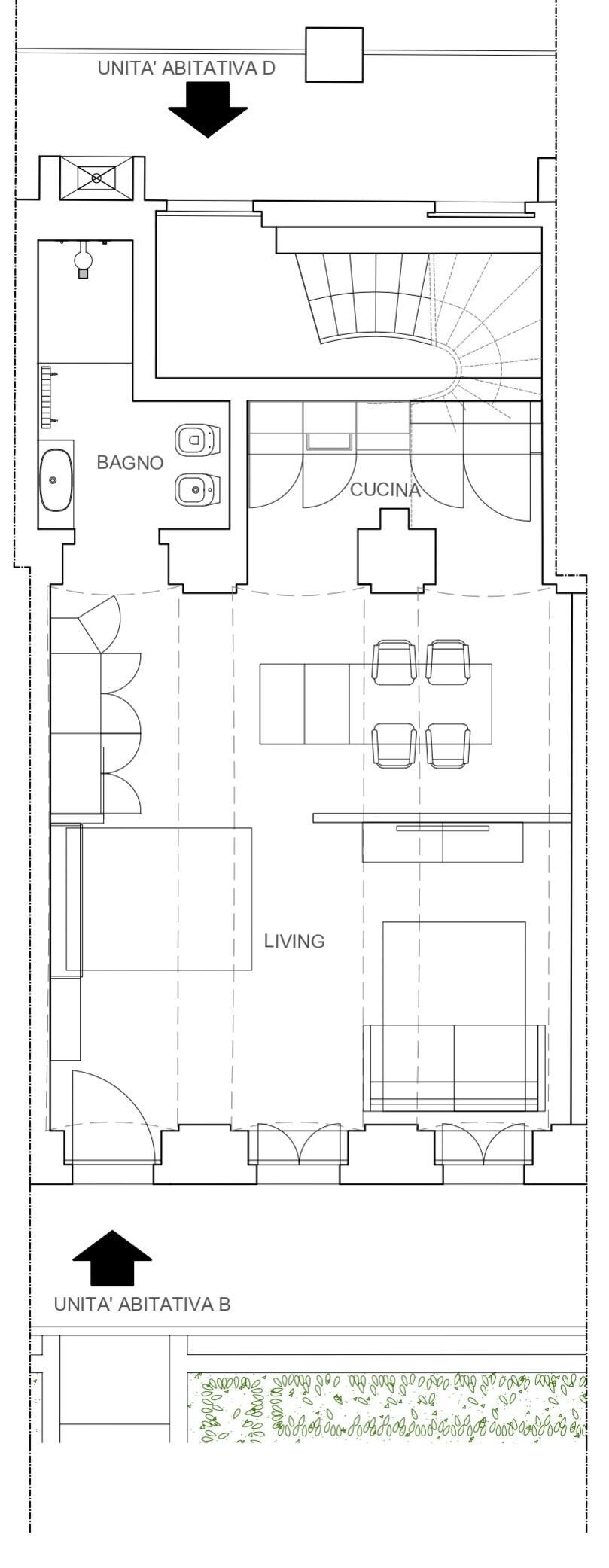 Ein Grundriss mit Küche, Essbereich, Wohnzimmer und zwei Schlafzimmern, die als 'UNITA' ABITATIVA D und 'UNITA' ABITATIVA B beschriftet sind.