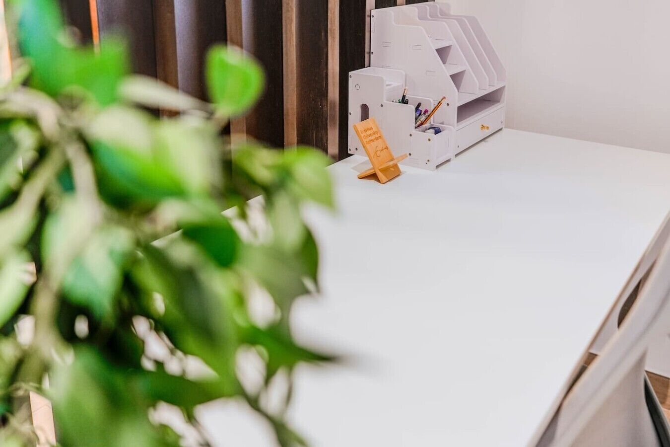Un bureau blanc avec une plante au premier plan, un meuble de rangement blanc doté de tiroirs et de compartiments, et une enseigne en bois posée sur le bureau.