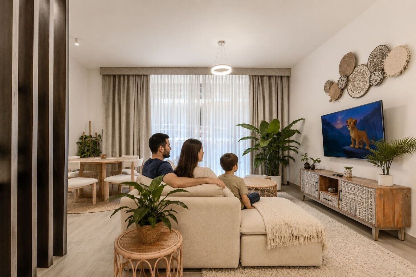 Ein Wohnzimmer mit einer Couch, einem Fernseher, Pflanzen und einem Essbereich.