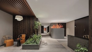 Un pasillo moderno con techo de madera, mostrador de recepción y zonas de estar con plantas.