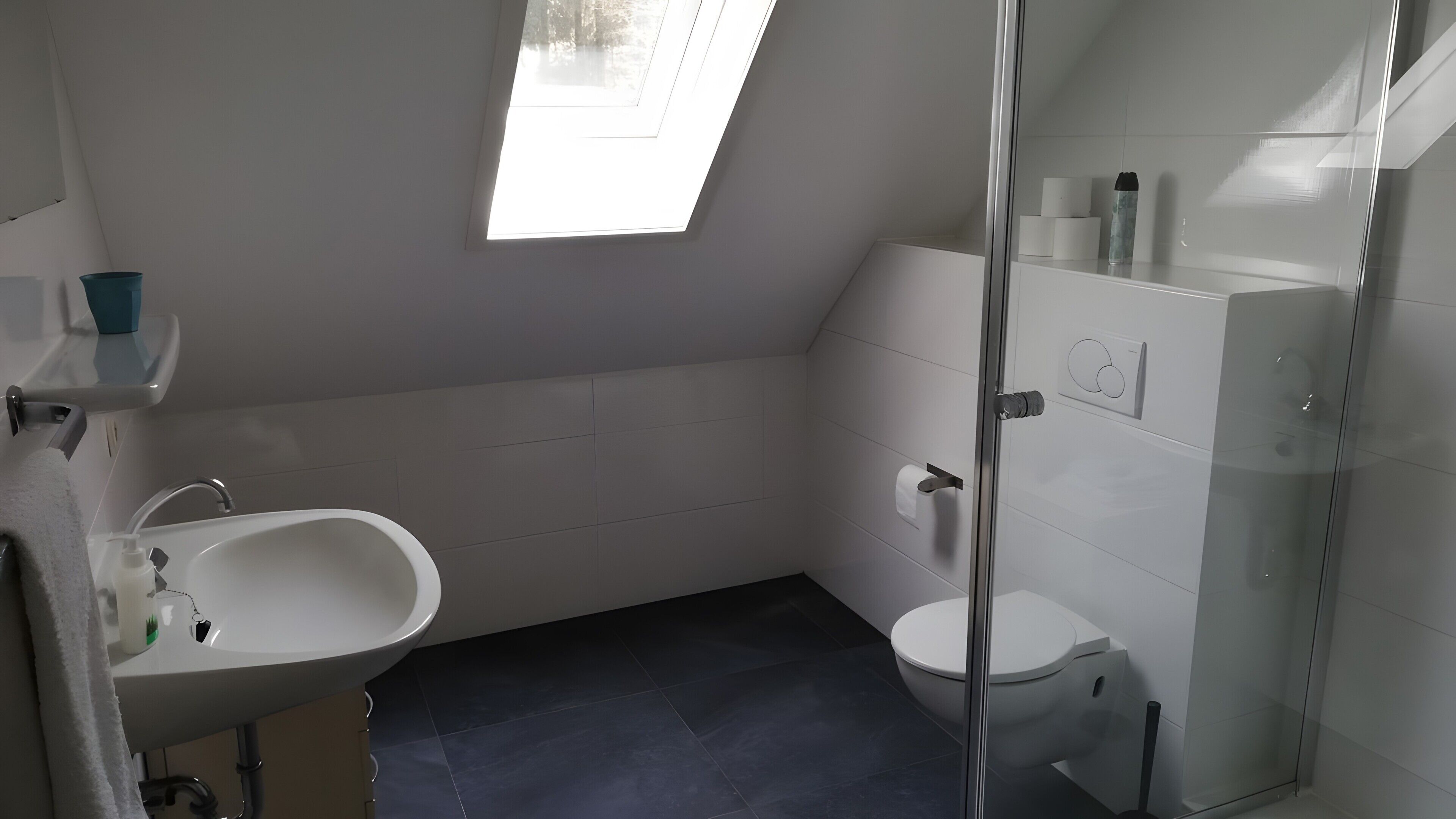 Ein modernes Badezimmer mit Duschkabine aus Glas, einem weißen Waschbecken und einer Toilette.