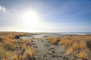 Un sentier bordant la plage, avec de l’herbe sèche et du sable, qui mène à l’océan.