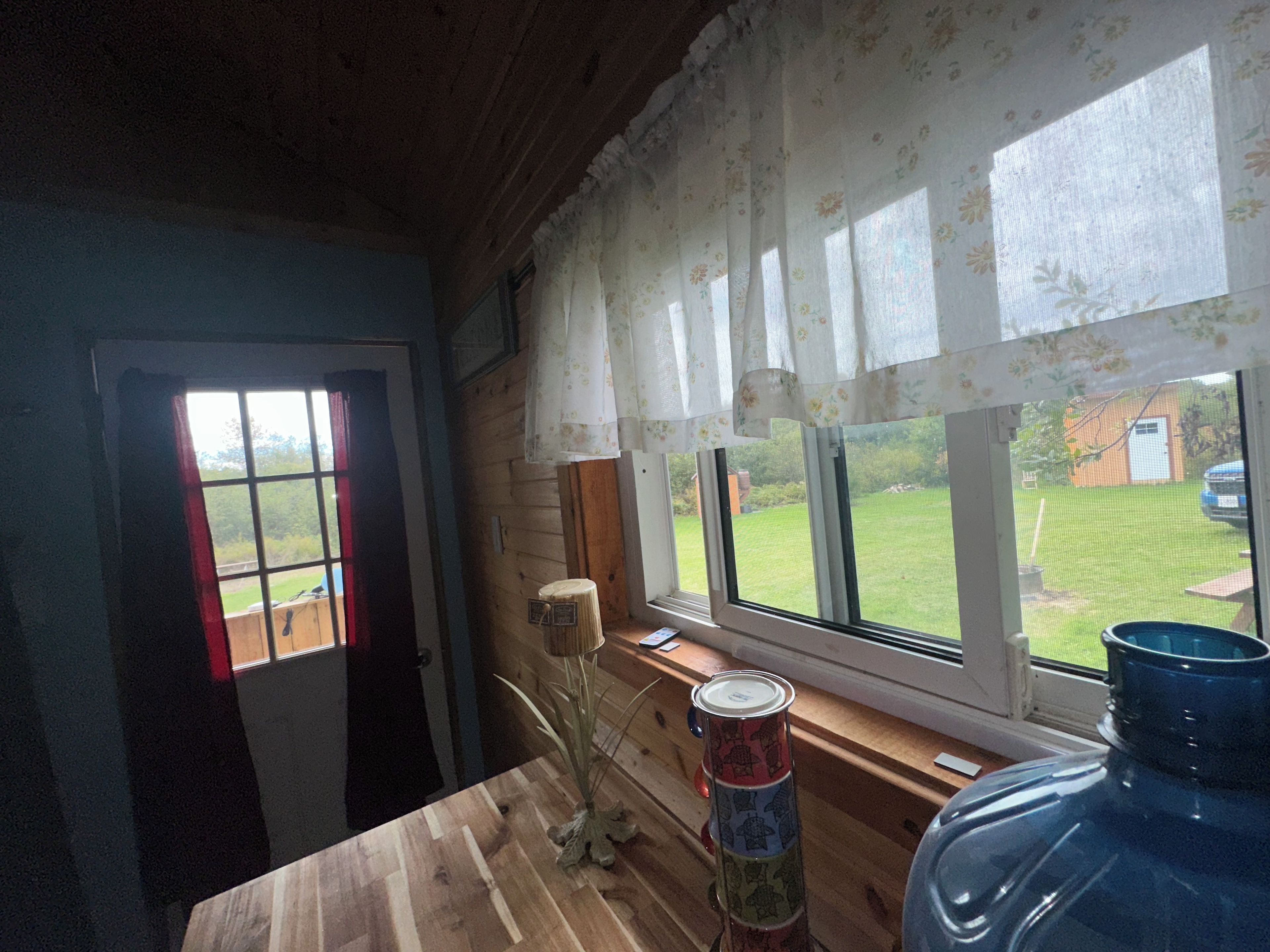 A room with a wooden door, a window with a floral curtain, and a view of a green lawn and a building outside.