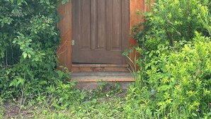 A wooden structure with a door, surrounded by dense greenery.